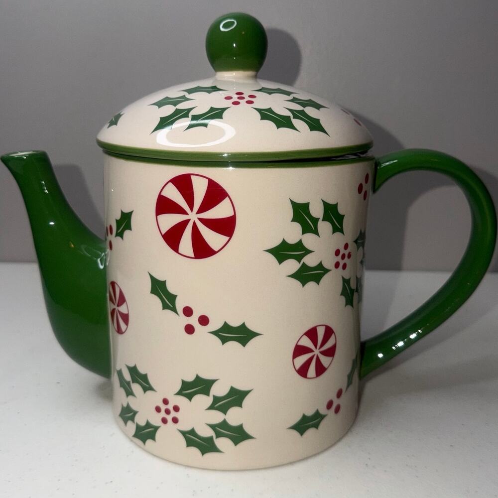 Temp-tations Holly & Peppermint 2.5 Qt Ceramic Teapot Holiday Seasonal Pitcher